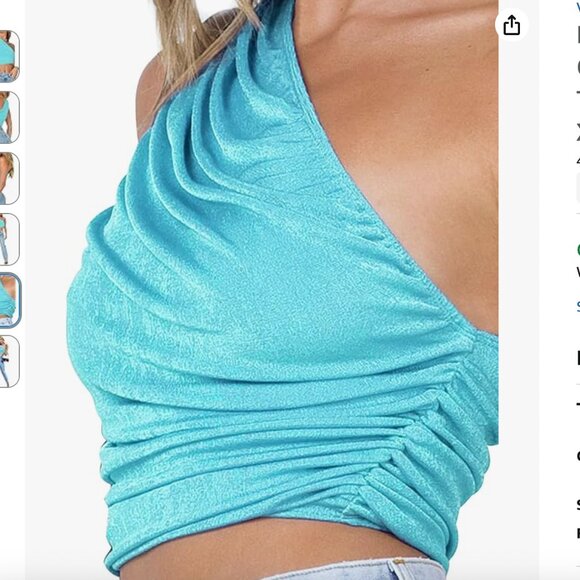 Turquoise Ruched One Shoulder Sleeveless Crop Top - Picture 2 of 6